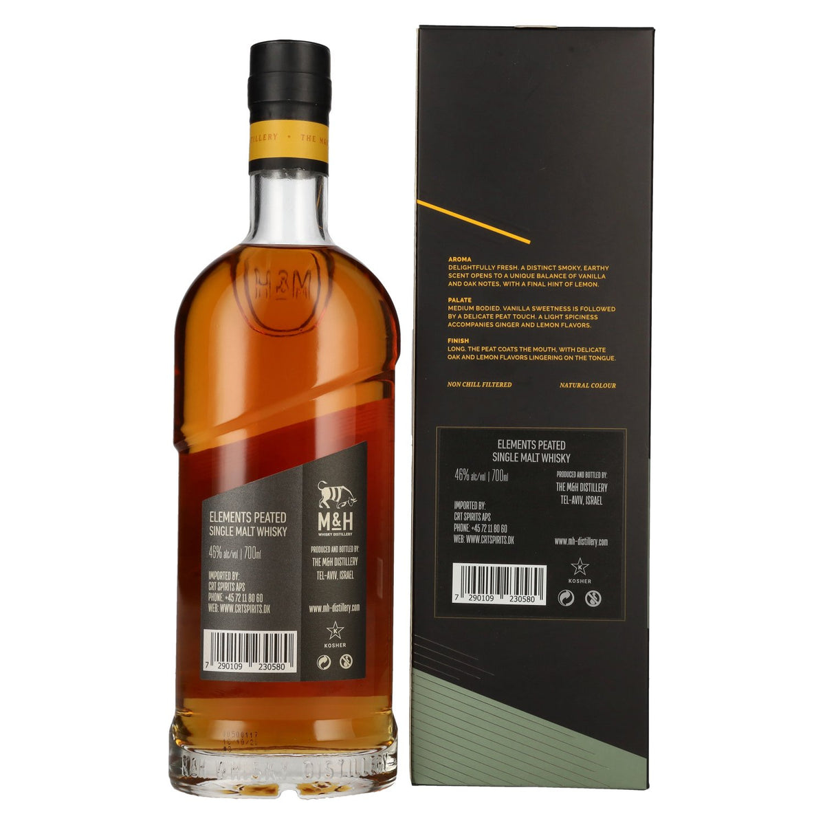 M&amp;H Elements Peated Single Malt Whisky 46% ABV, 0.7 litres, in a gift box