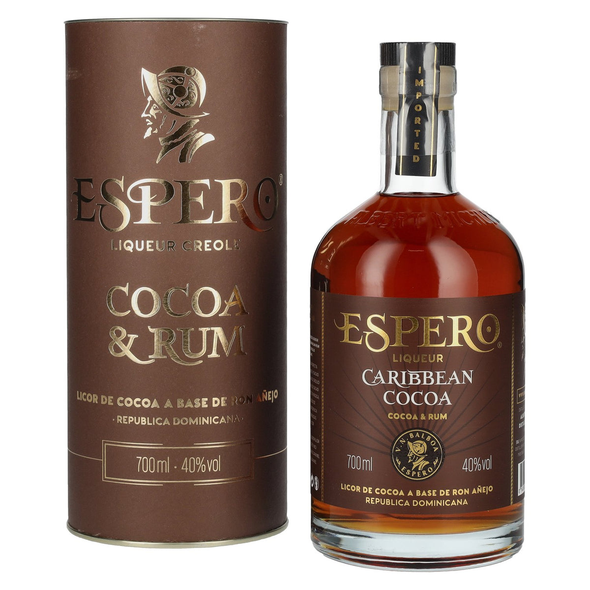 Ron Espero Caribbean Cocoa &amp; Rum Liqueur 40% vol. 0.7 l in a gift box