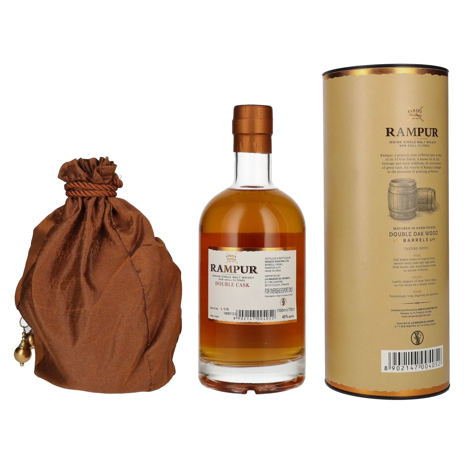 Rampur DOUBLE CASK Indian Single Malt Whisky 45% Vol. 0,7l in gift
