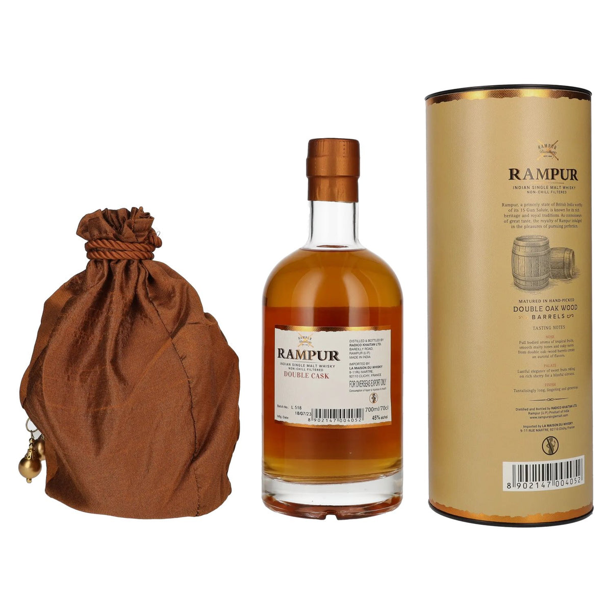Rampur DOUBLE CASK Indiase single malt whisky 45% vol. 0,7 l in geschenkverpakking met zakje