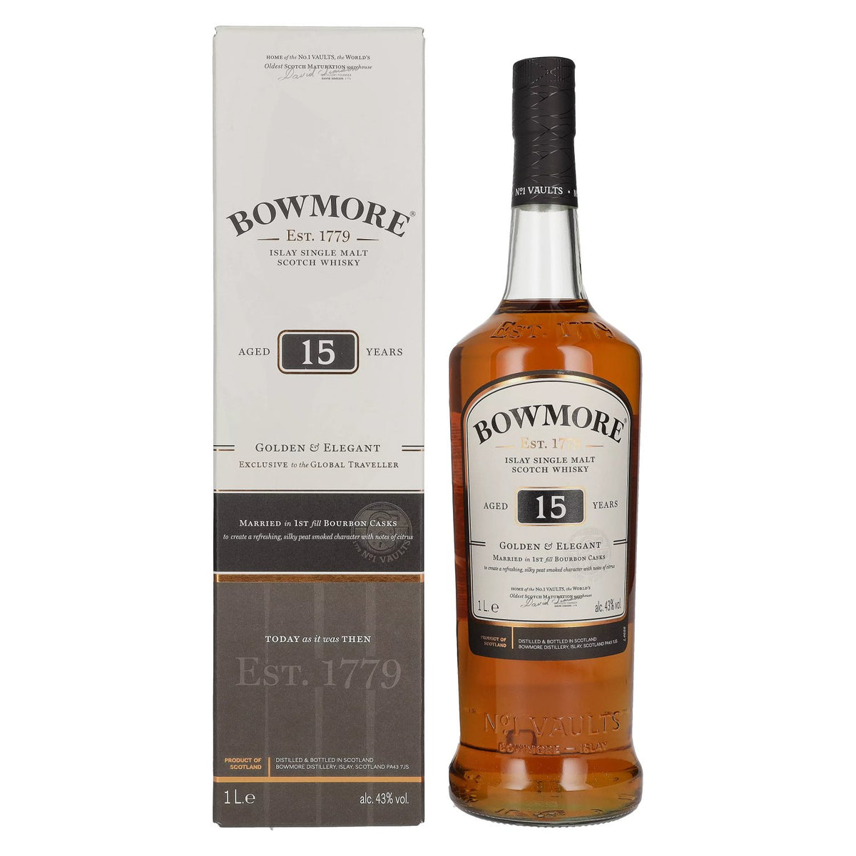 Bowmore 15 Years Old GOLDEN &amp; ELEGANT Travel Exclusive 43% Vol. 1l in geschenkverpakking