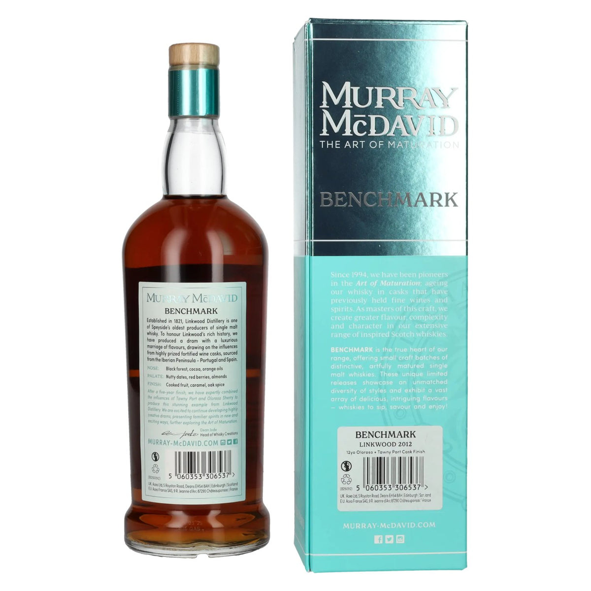 Murray McDavid Benchmark 12 ans d'âge Linkwood, finition en fûts de porto Oloroso et Tawny 2012, 54,4 % vol., 0,7 l, dans un coffret cadeau