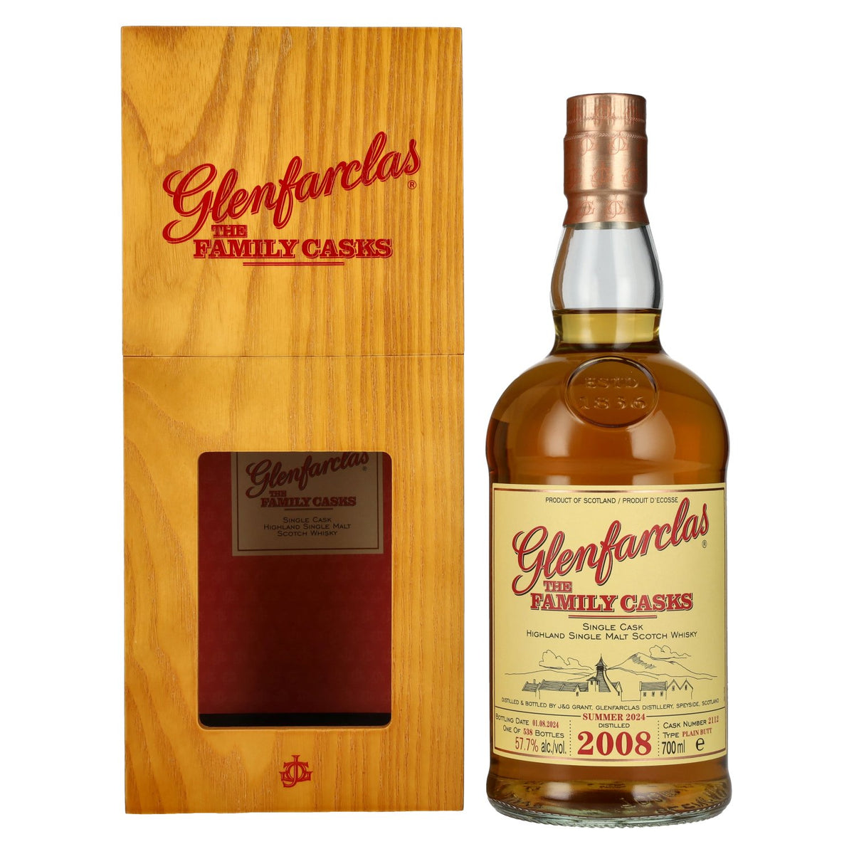 Glenfarclas THE FAMILY CASKS Single Cask SUMMER 2024 Plain Butt n° 2112 2008 57,7 % vol. 0,7 l dans un coffret en bois