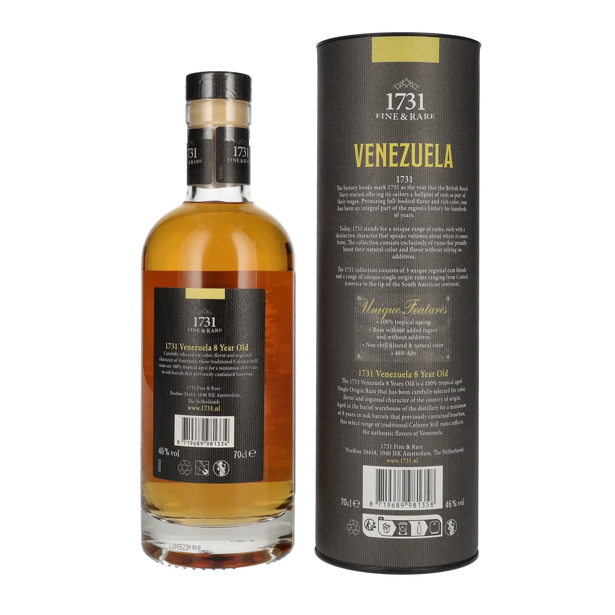 1731 Fine &amp; Rare VENEZUELA 8 Years Old Single Origin Rum 46% Vol. 0,7l en boîte cadeau