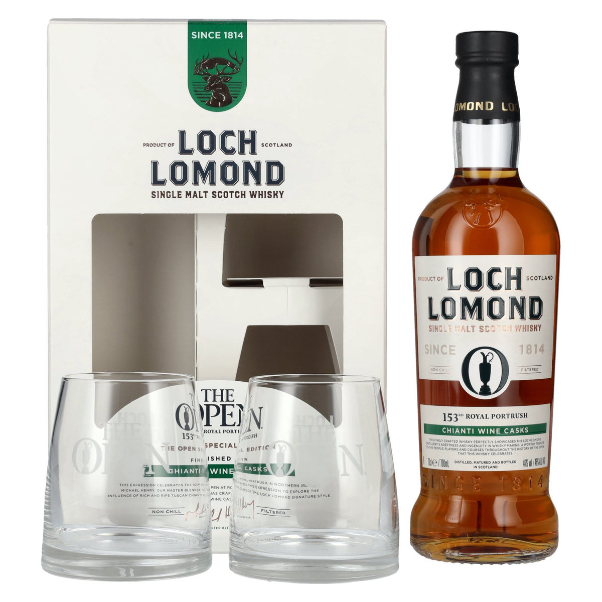 Loch Lomond THE OPEN SPECIAL EDITION 153e Royal Portrush Chianti Wine 2025 46 % vol. 0,7 l dans un coffret cadeau avec 2 verres