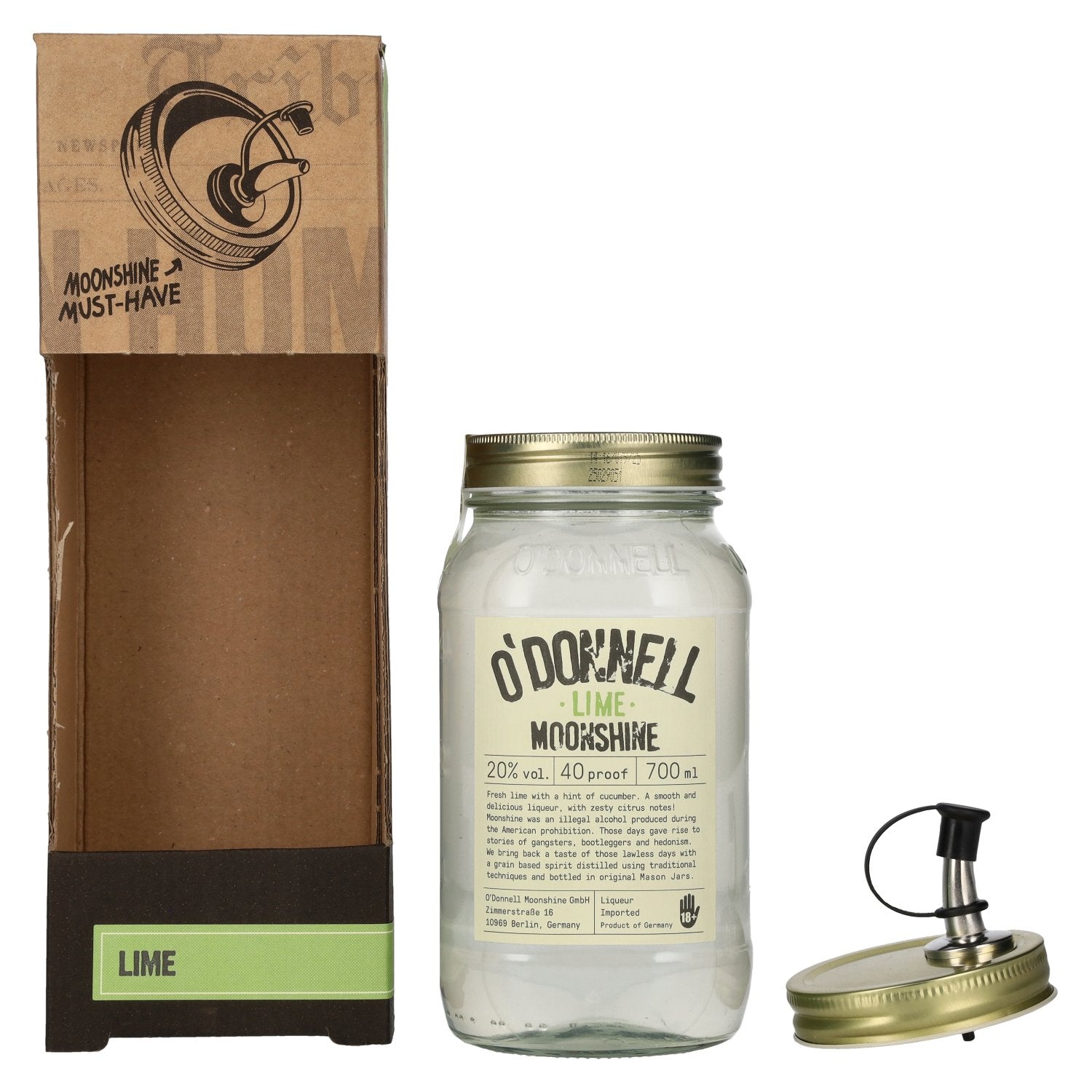 O'Donnell Moonshine LIME Liqueur 20% vol. 0,7l en boîte cadeau avec bec verseur