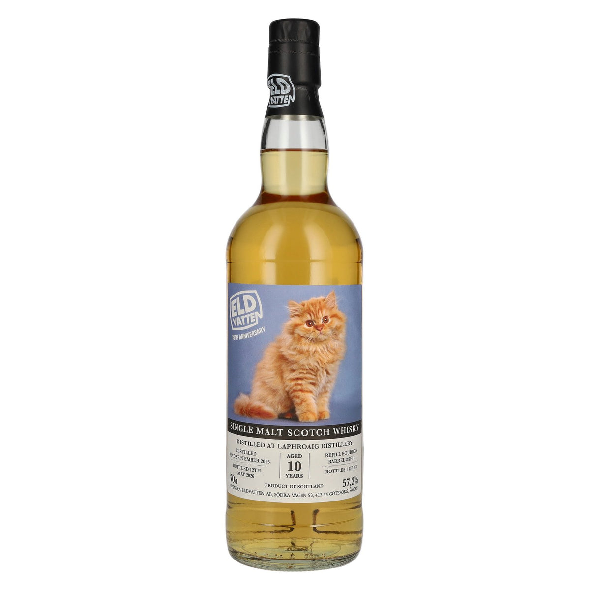 Eldvatten Svenska Laphroaig 10 ans d'âge, single malt, étiquette « Cat Label » 2015, 57,2 % vol., 0,7 l