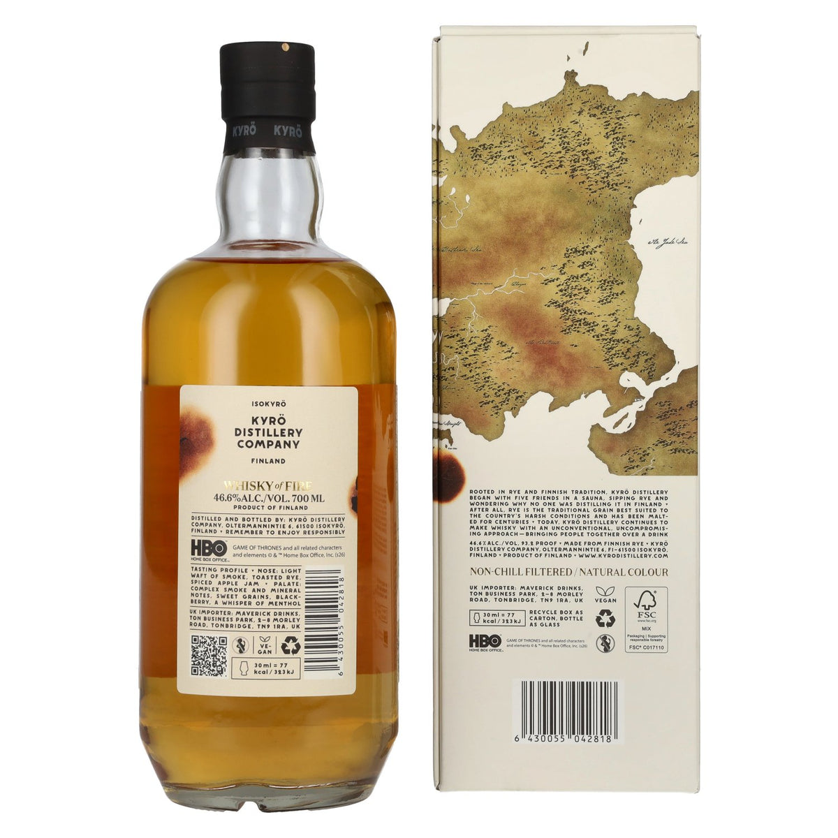 Kyrö GAME OF THRONES Whisky of FIRE 100 % seigle malté fumé 46,6 % vol. 0,7 l dans un coffret cadeau
