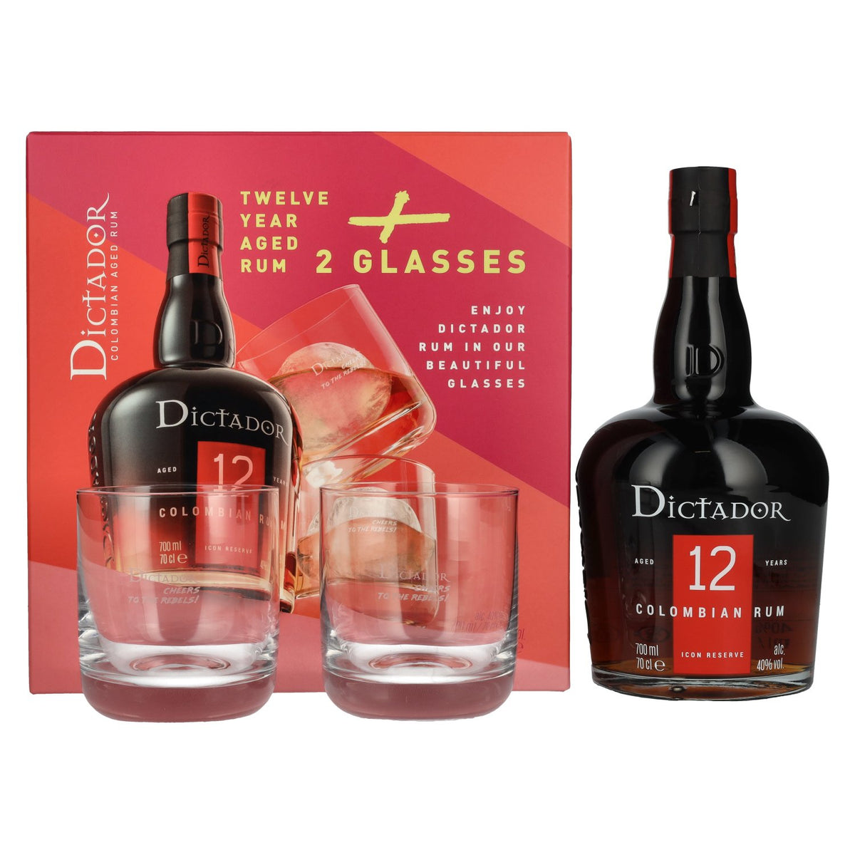 Dictador 12 Years Old ICON RESERVE Colombiaanse rum 40% vol. 0,7 l in geschenkverpakking met 2 glazen