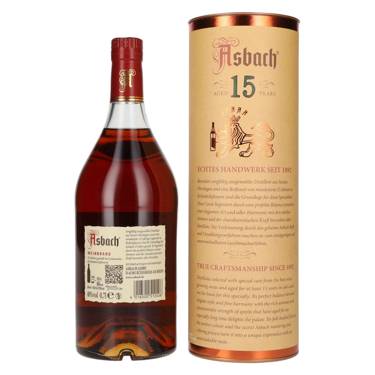 Asbach Das Original, aged for 15 years, 40% vol., 0.7 l, in a gift box