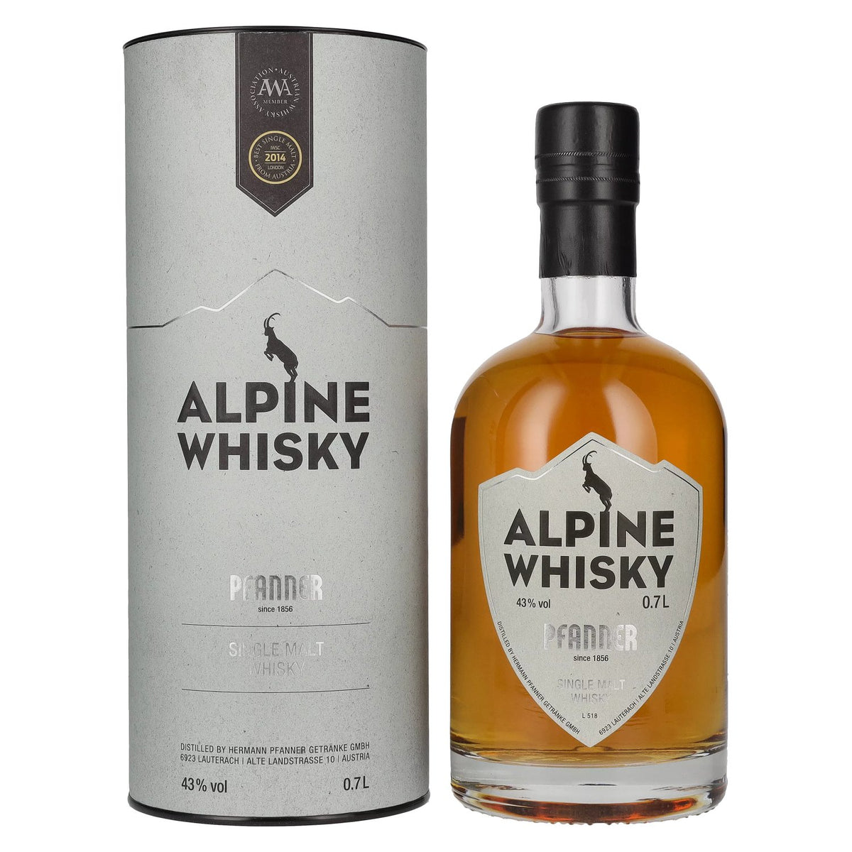 Whisky single malt Pfanner Alpine, 43 % vol., 0,7 l, dans un coffret cadeau