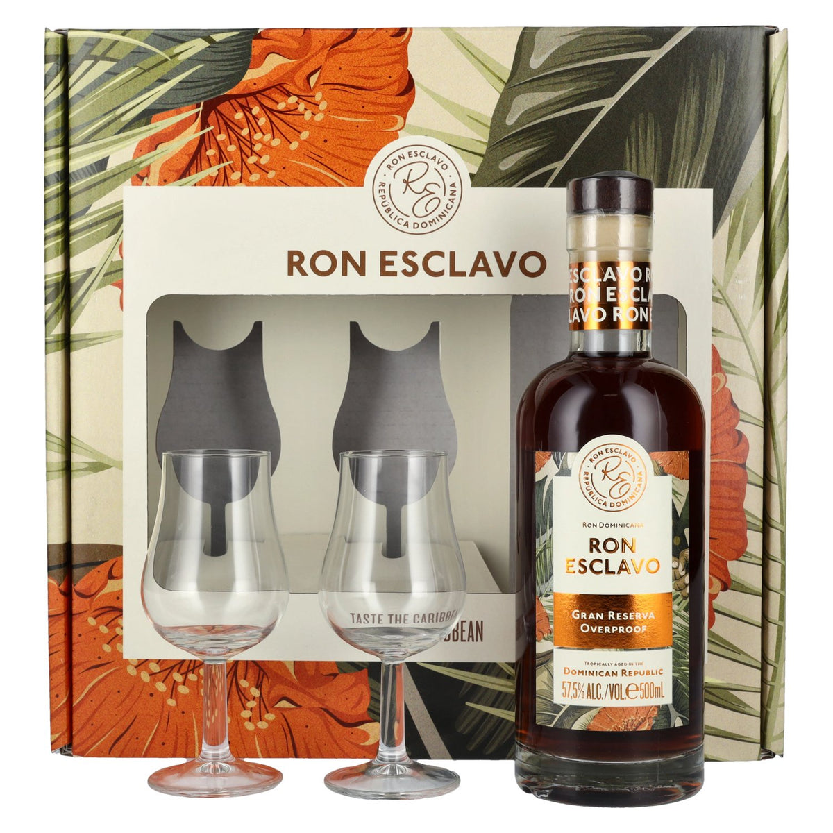 Ron Esclavo GRAN RESERVA OVERPROOF Ron Dominicana 57,5 % vol., 0,5 l, dans un coffret cadeau avec 2 verres