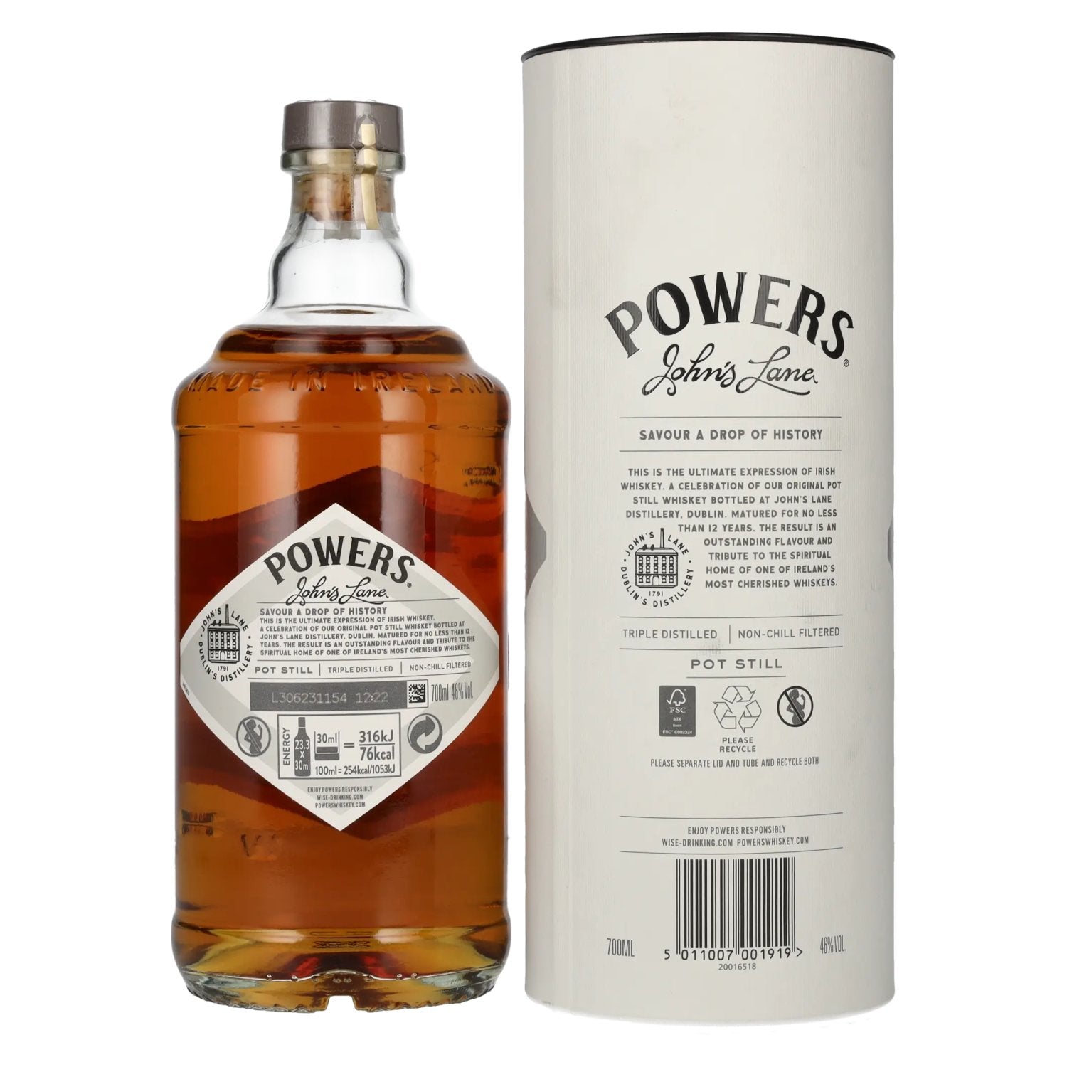 Powers 12 Years Old JOHN'S LANE Single Pot Still Irish Whiskey 46% Vol. 0,7l in geschenkverpakking