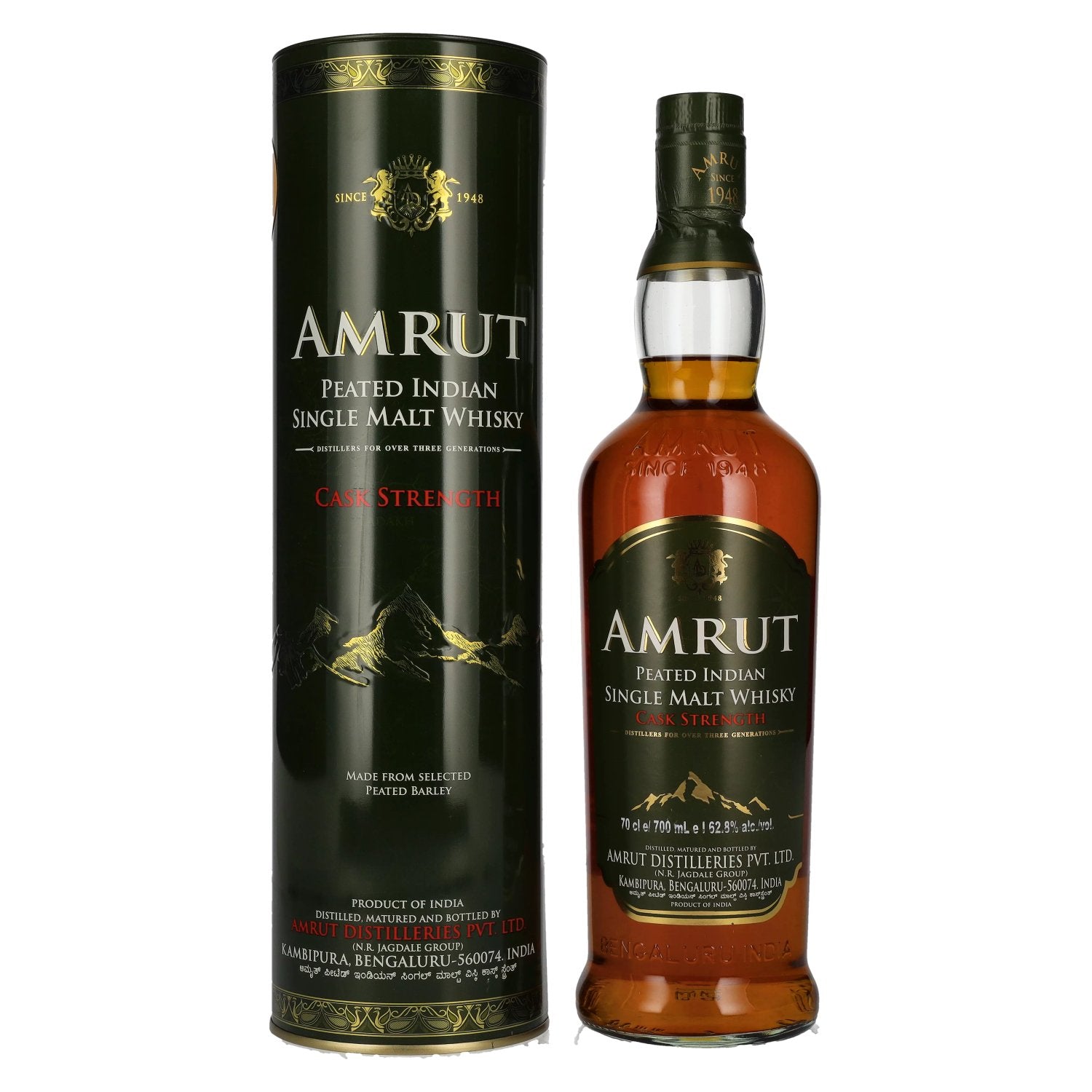 Amrut PEATED Indiase Single Malt Whisky CASK STERKTE 62,8% Vol. 0,7l in Blik