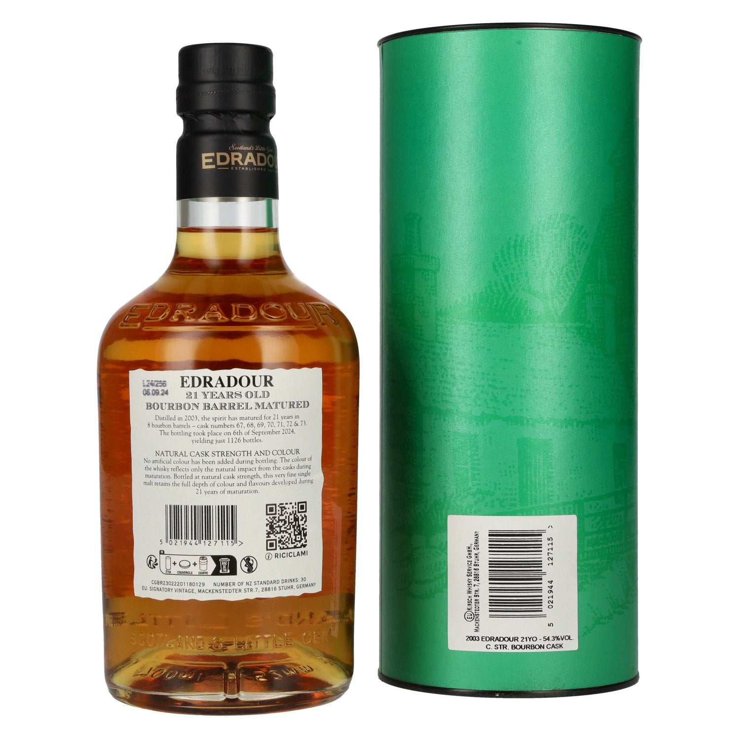 Edradour Whisky 21 Years Old Bourbon Barrel Matured Highland Single Malt Whisky 54,3% Vol. 0,7l in gift box