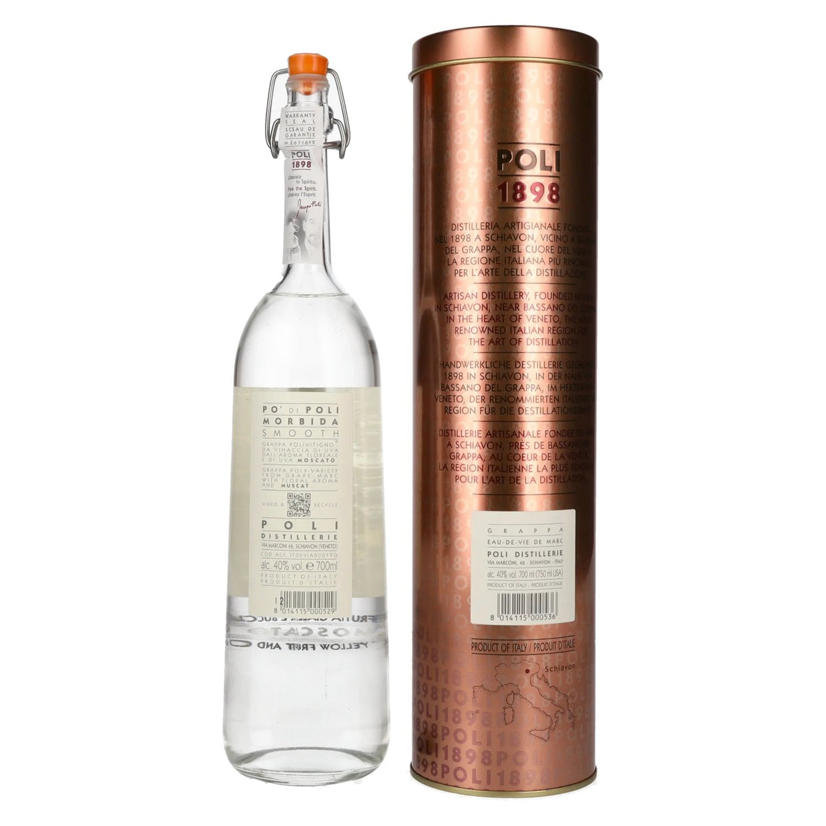 Poli Grappa Po di Poli Morbida Smooth 40 % vol. 0,7 l dans une boîte en fer-blanc