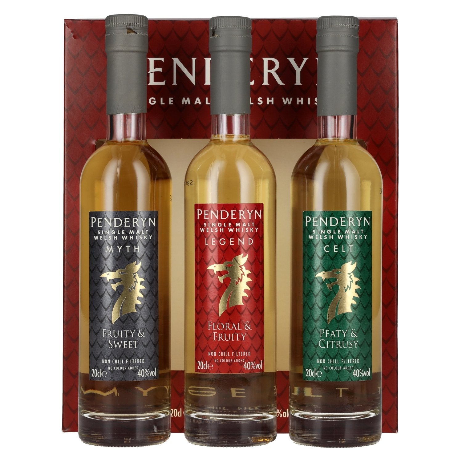 Penderyn MYTH, LEGEND, CELT Single Malt Welsh Whisky 40% Vol. 3x0,2l en coffret cadeau