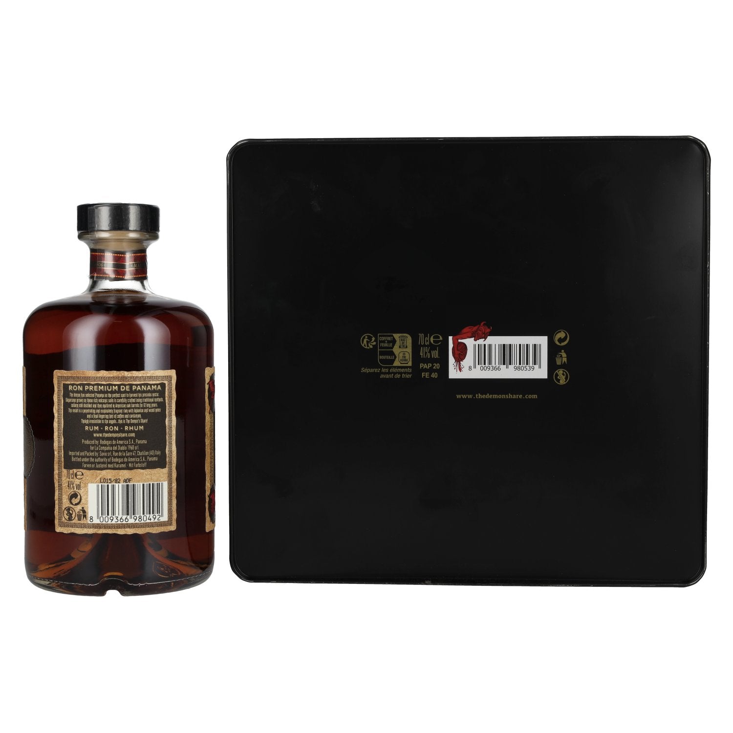 The Demon's Share Superior Blend Rum 12 Jaar Oud 41% Vol. 0,7l in Blikken doos met 2 glazen