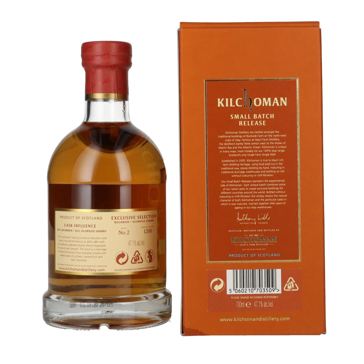 Kilchoman Islay Single Malt Whisky Bourbon/Oloroso Sherry SMALL BATCH 2 47.1% ABV 0.7l in a gift box