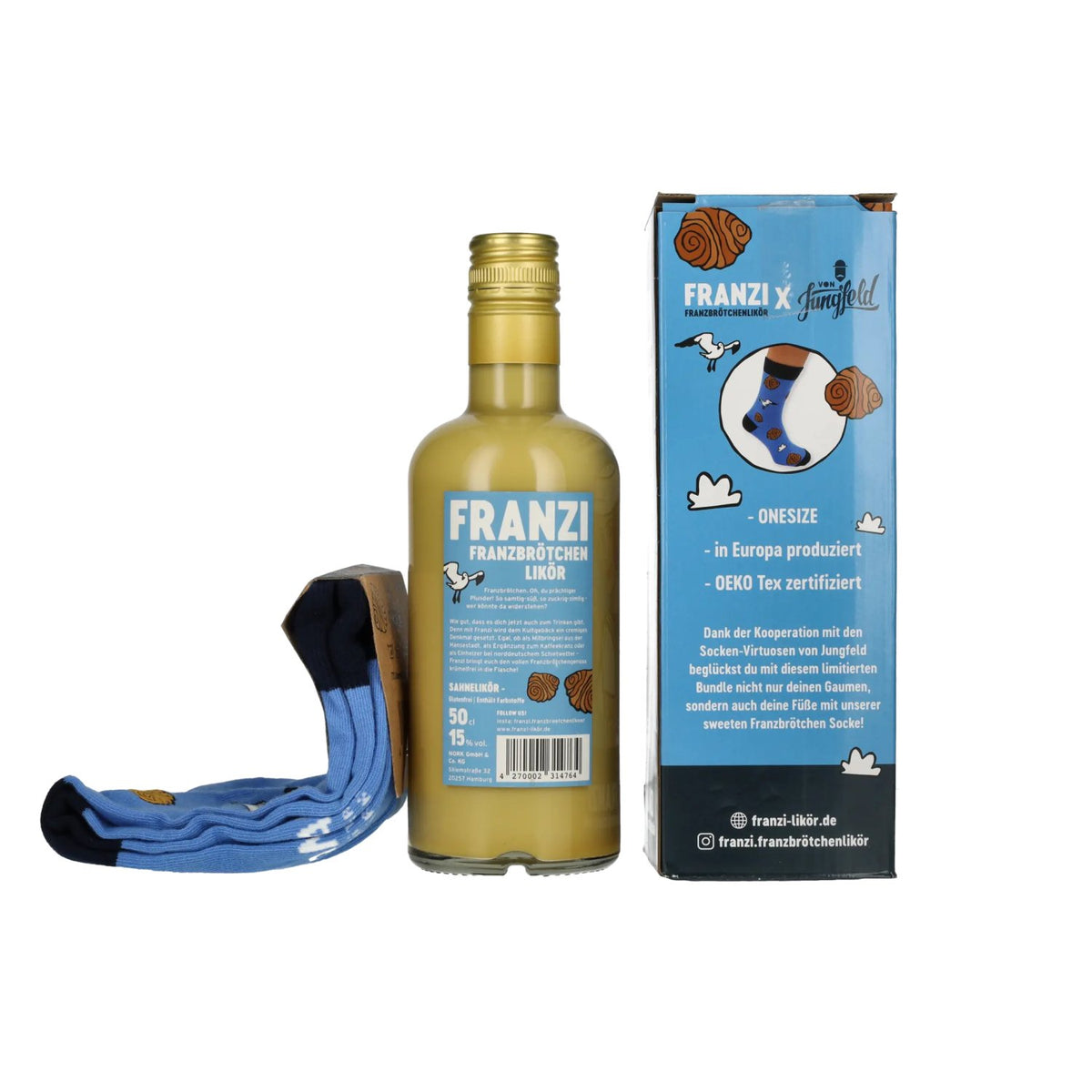 Franzi Likör Franzbrötchen, 15 % vol., 0,5 l, dans un coffret cadeau avec des chaussettes