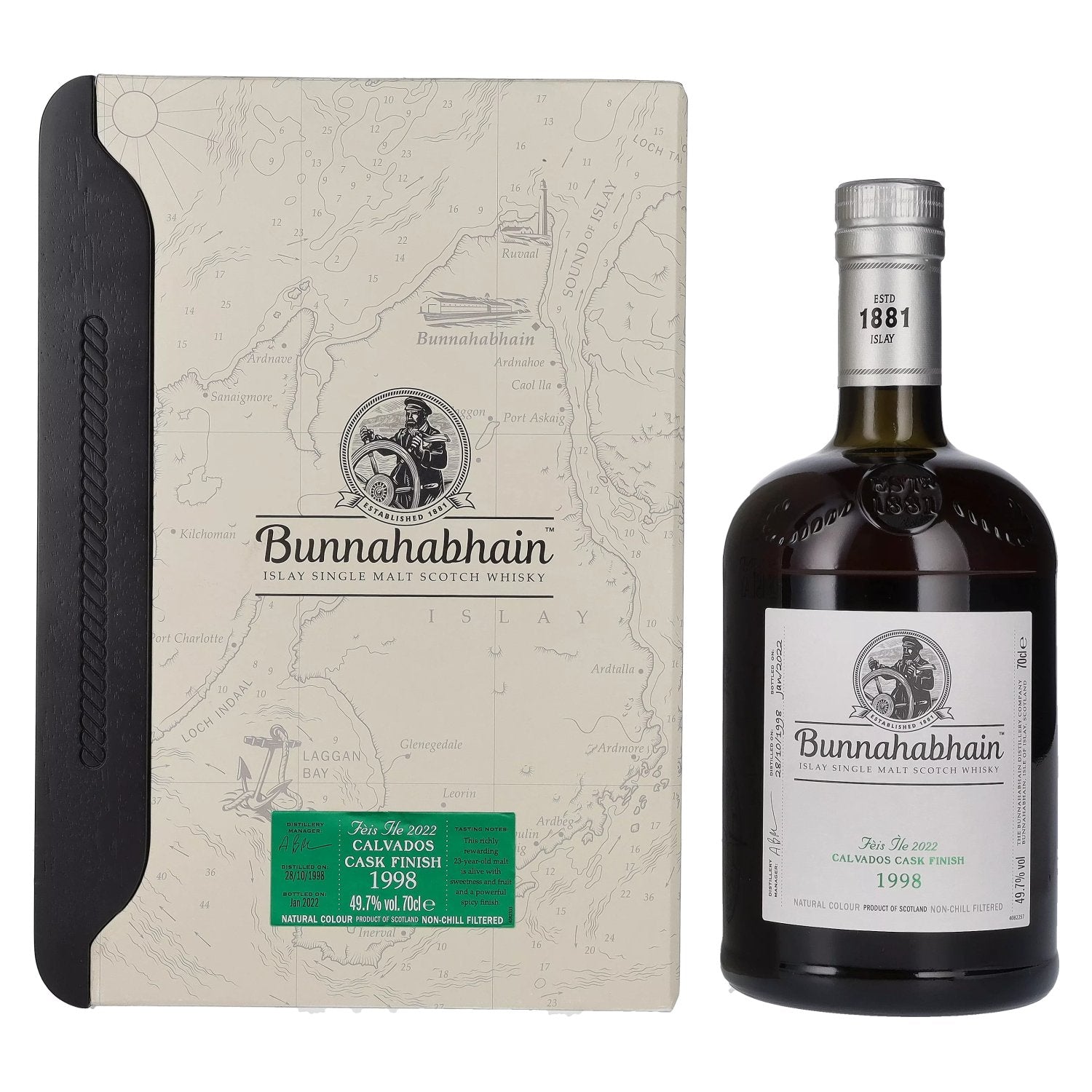 Bunnahabhain Fèis Ìle CALVADOS CASK FINISH 1998 49,7% Vol. 0,7l in Geschenkbox