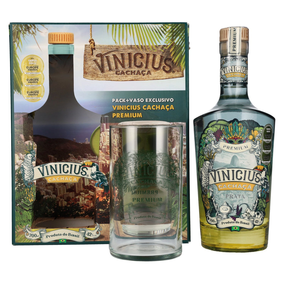 Vinicius Premium Cachaca Prata 42 % vol., 0,7 l, dans un coffret cadeau avec un verre