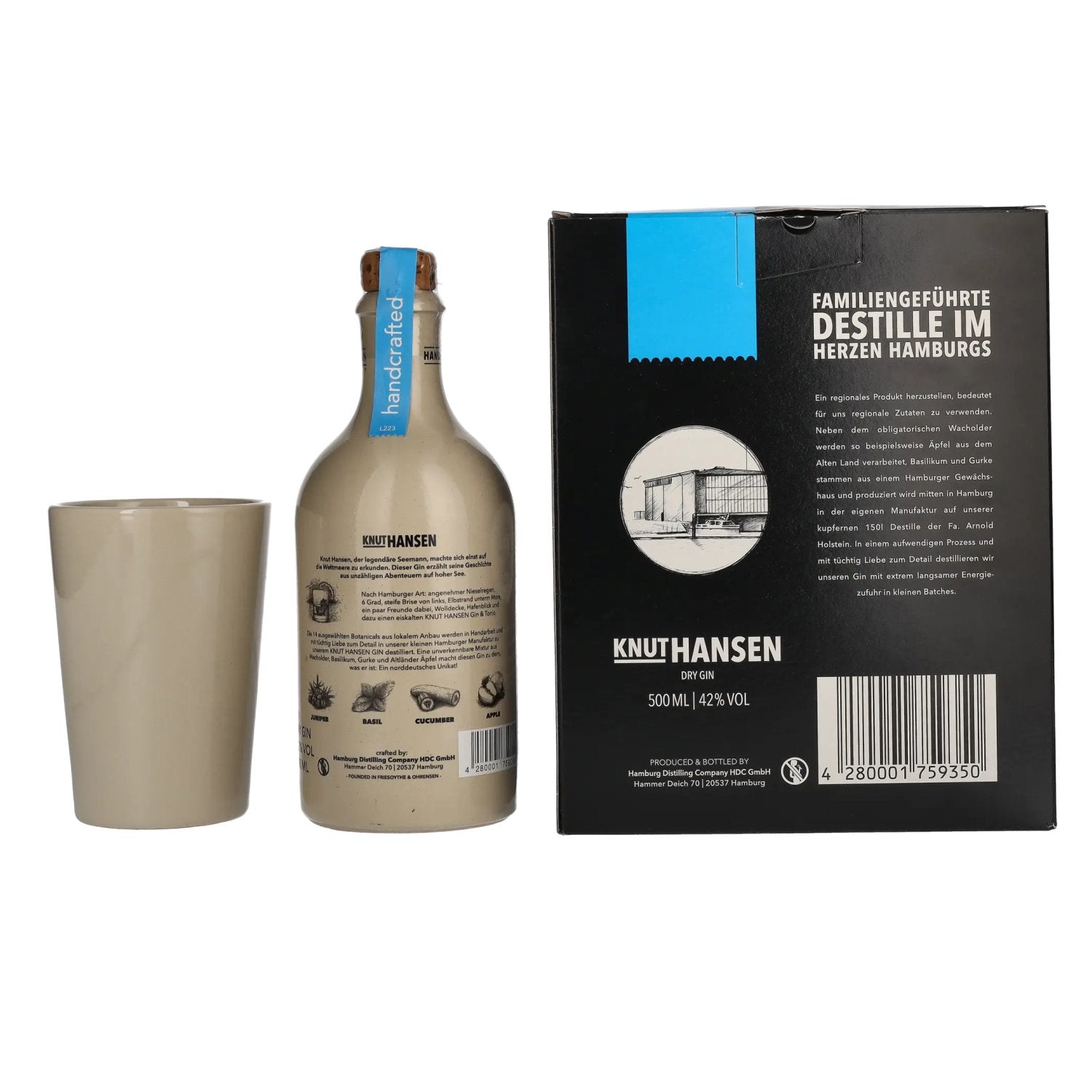 Knut Hansen Dry Gin 42% Vol. 0,5l in Geschenkbox mit Keramiktasse
