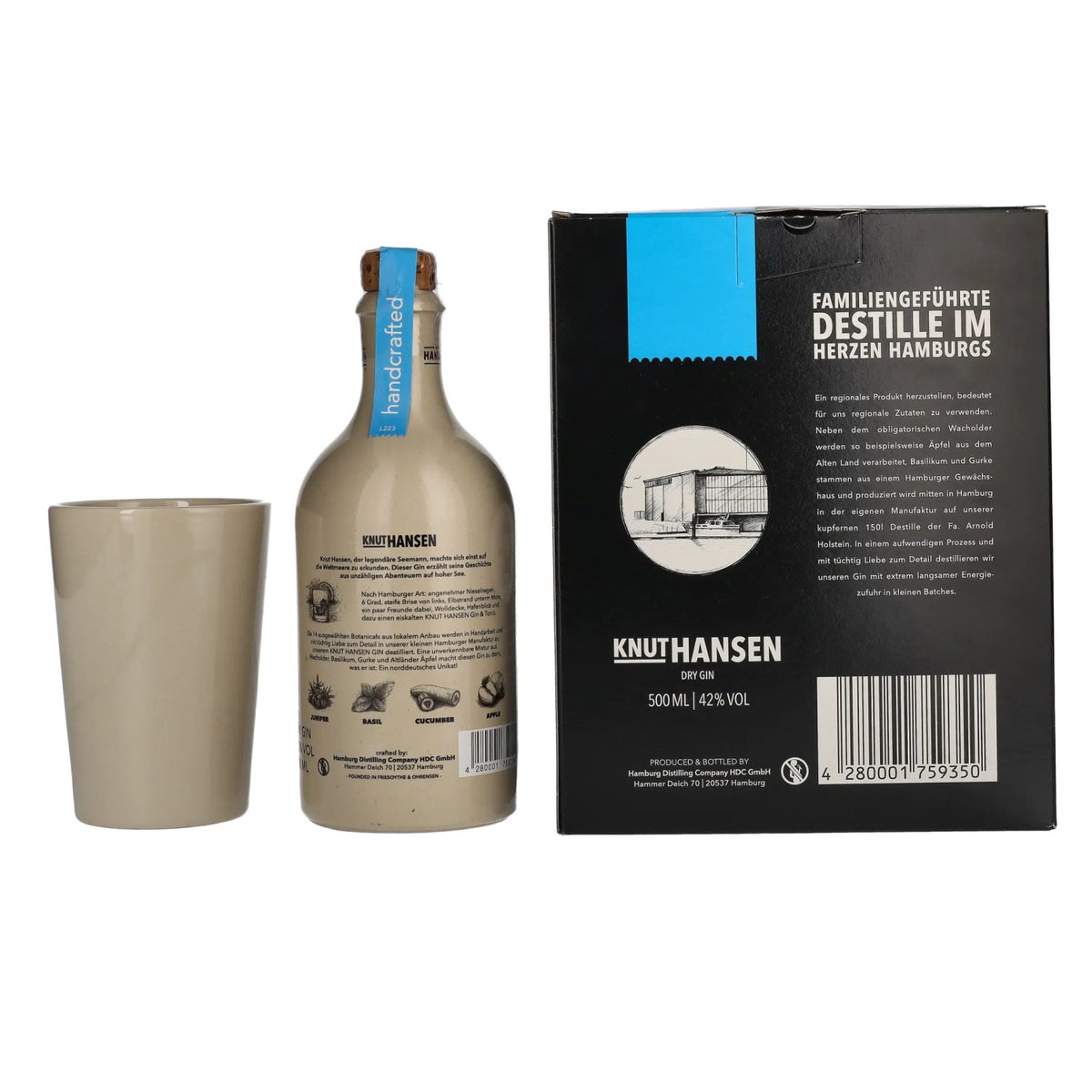 Knut Hansen Dry Gin 42% ABV, 0.5 l, in a gift box with a ceramic mug