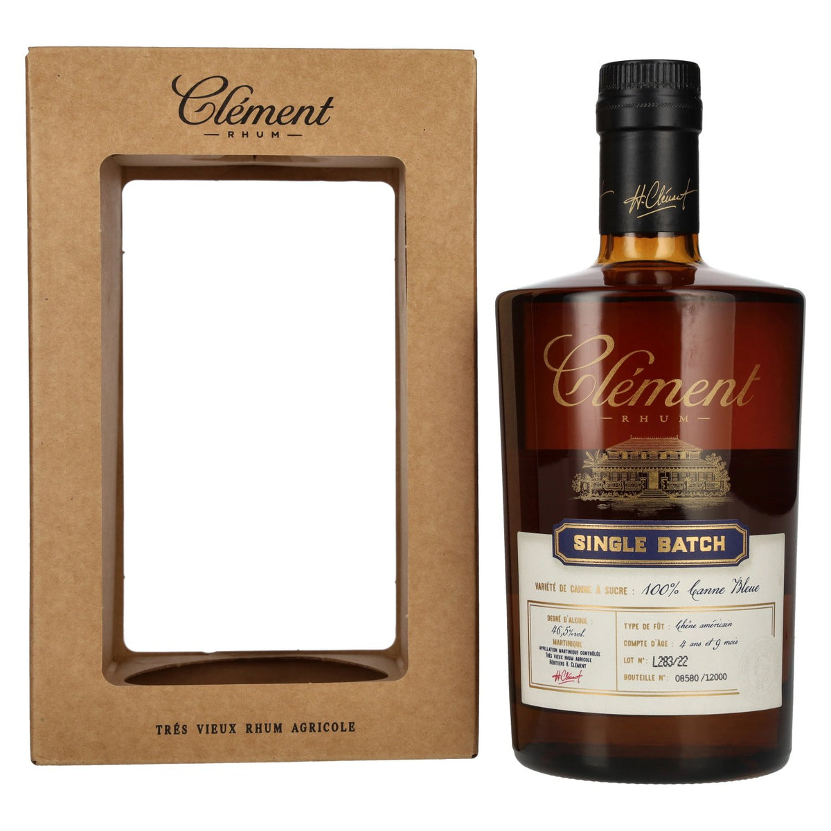 Clément Trés Vieux Rhum Agricole SINGLE BATCH 100% Canne Bleue 46,5% vol. 0,5 l in geschenkverpakking
