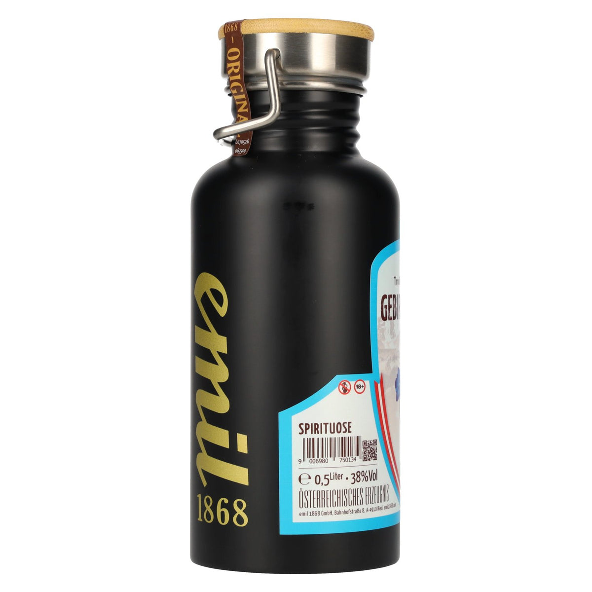 emil 1868, liqueur de gentiane des montagnes, 38 % vol., 0,5 l, dans un récipient en acier inoxydable
