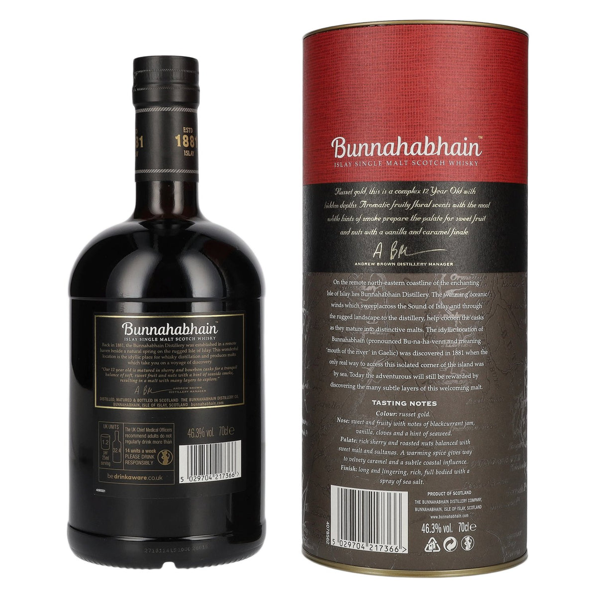 Whisky écossais single malt d'Islay Bunnahabhain 12 ans d'âge, 46,3 % vol., 0,7 l, dans un coffret cadeau