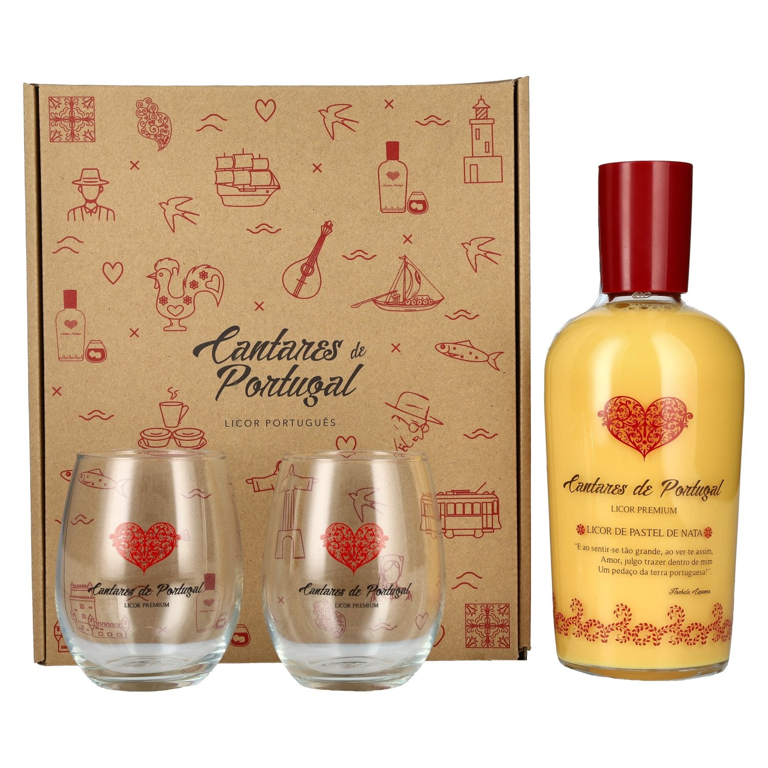 Cantares de Portugal Licor de Pastel de Nata 15% Vol. 0,7l in Geschenkbox mit 2 Gläsern