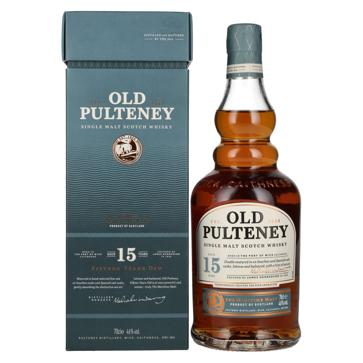 Old Pulteney 15-Year-Old Single Malt Scotch Whisky 46% ABV 0.7l in a gift box