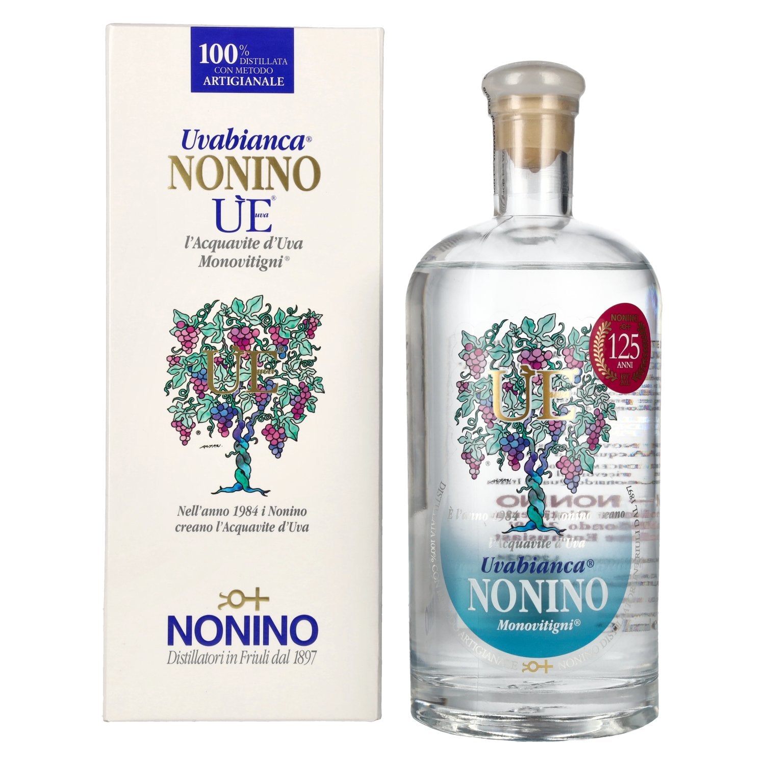 Nonino Grappa ÙE Monovitigni Uvabianca 38% Vol. 0,7l in geschenkverpakking