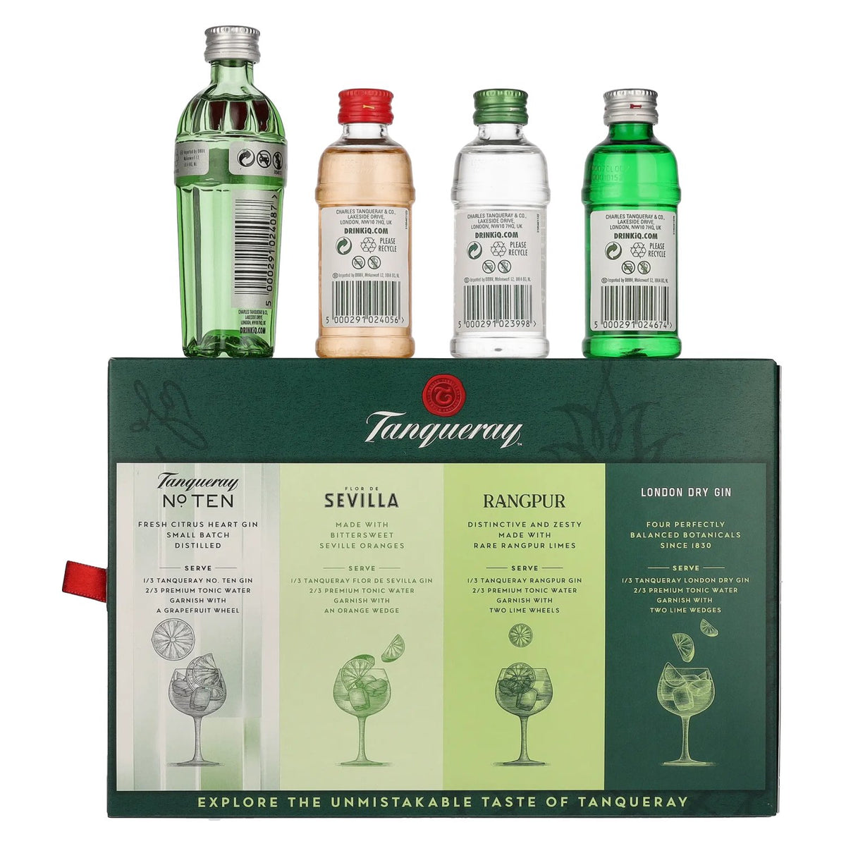 Coffret de miniatures de gin Tanqueray, 43,3 % vol., 4 x 0,05 l, dans un coffret cadeau