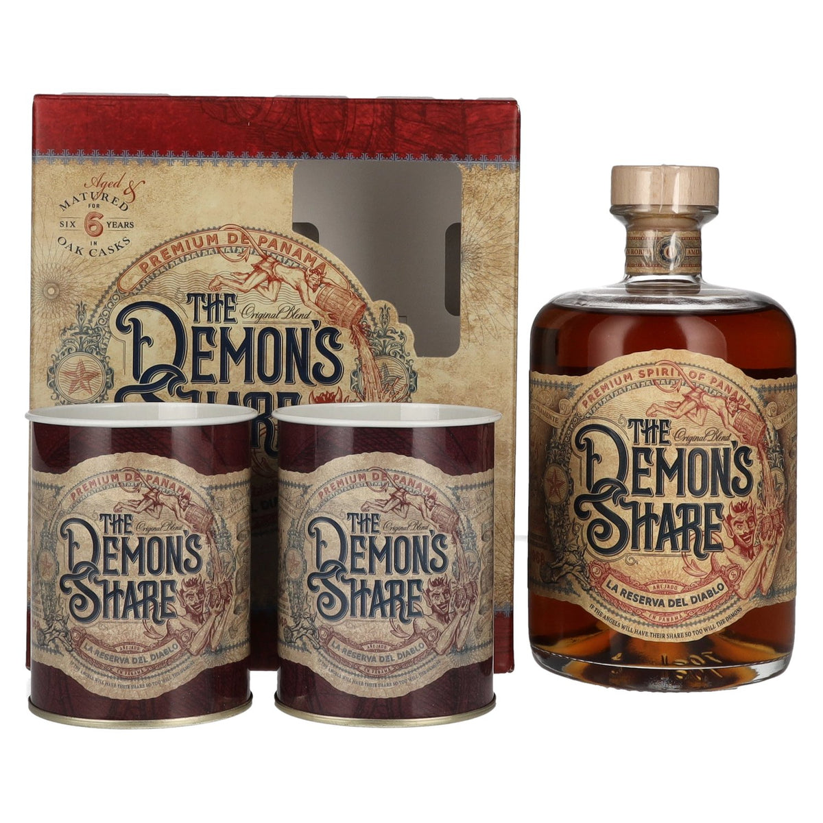 The Demon's Share 6 Years Old Spirit Drink 40% vol. 0,7 l in een geschenkverpakking met 2 blikjes The Demon's Share