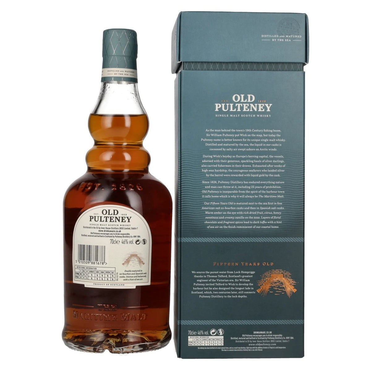 Old Pulteney 15-Year-Old Single Malt Scotch Whisky, 46% ABV, 0.7 litres, in a gift box