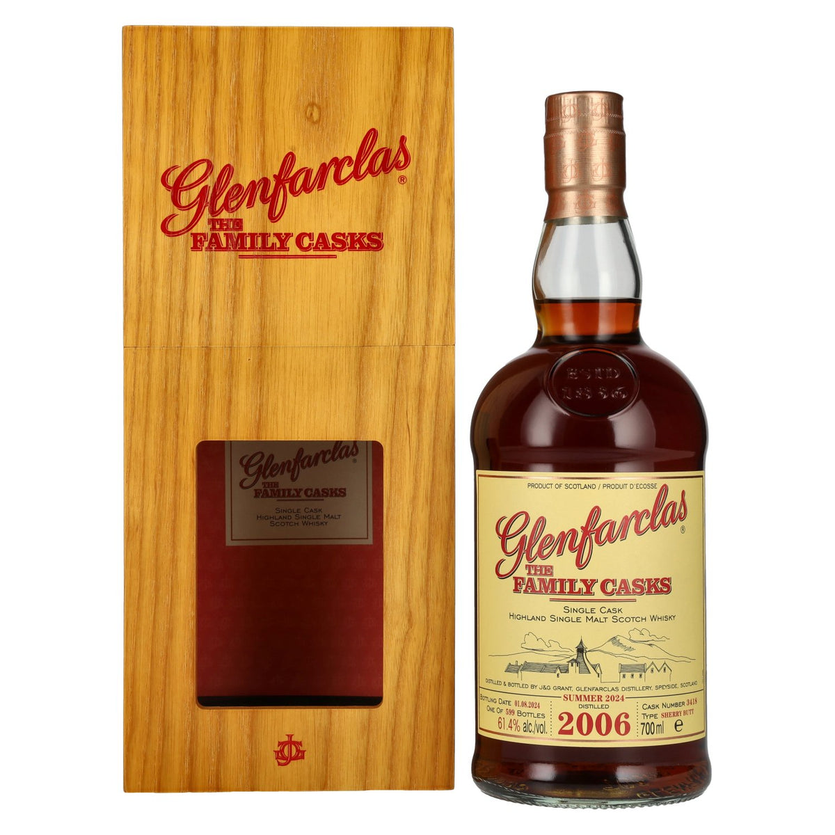 Glenfarclas THE FAMILY CASKS Single Cask SUMMER 2024 Sherry Butt #3418 2006 61,4% Vol. 0,7l in Holzkiste