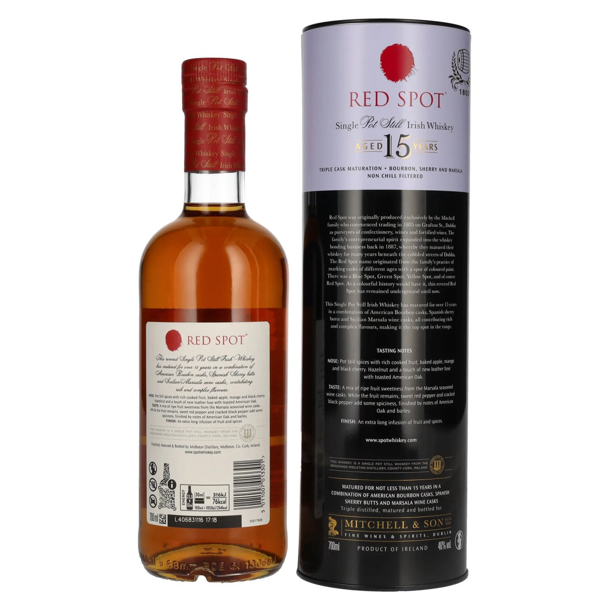 Spot Whiskey irlandais 15 ans d'âge, Single Pot Still, 46 % vol., 0,7 l, dans une boîte en fer-blanc