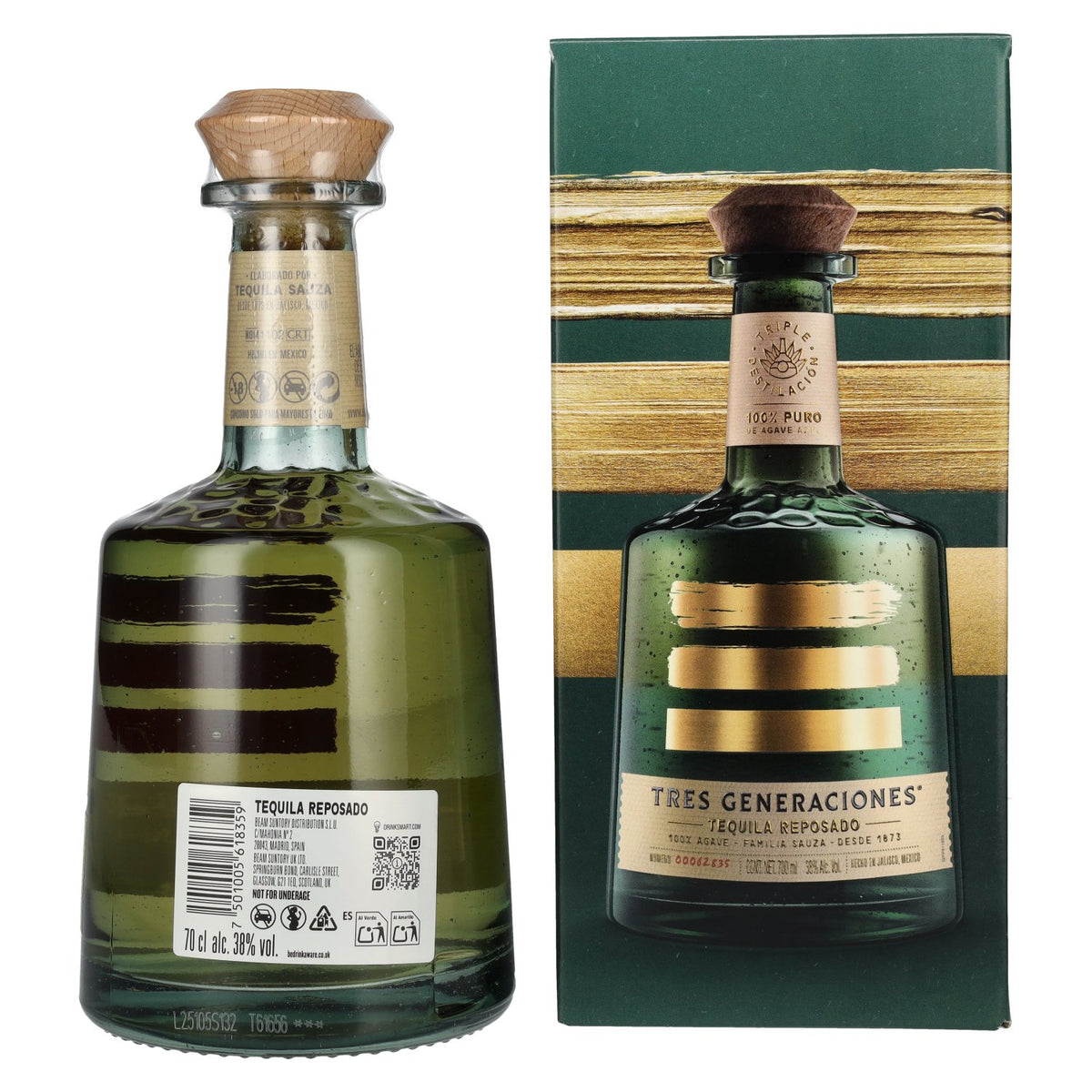 Tequila Tres Generaciones Reposado 100 % agave, 38 % vol., 0,7 l, dans un coffret cadeau