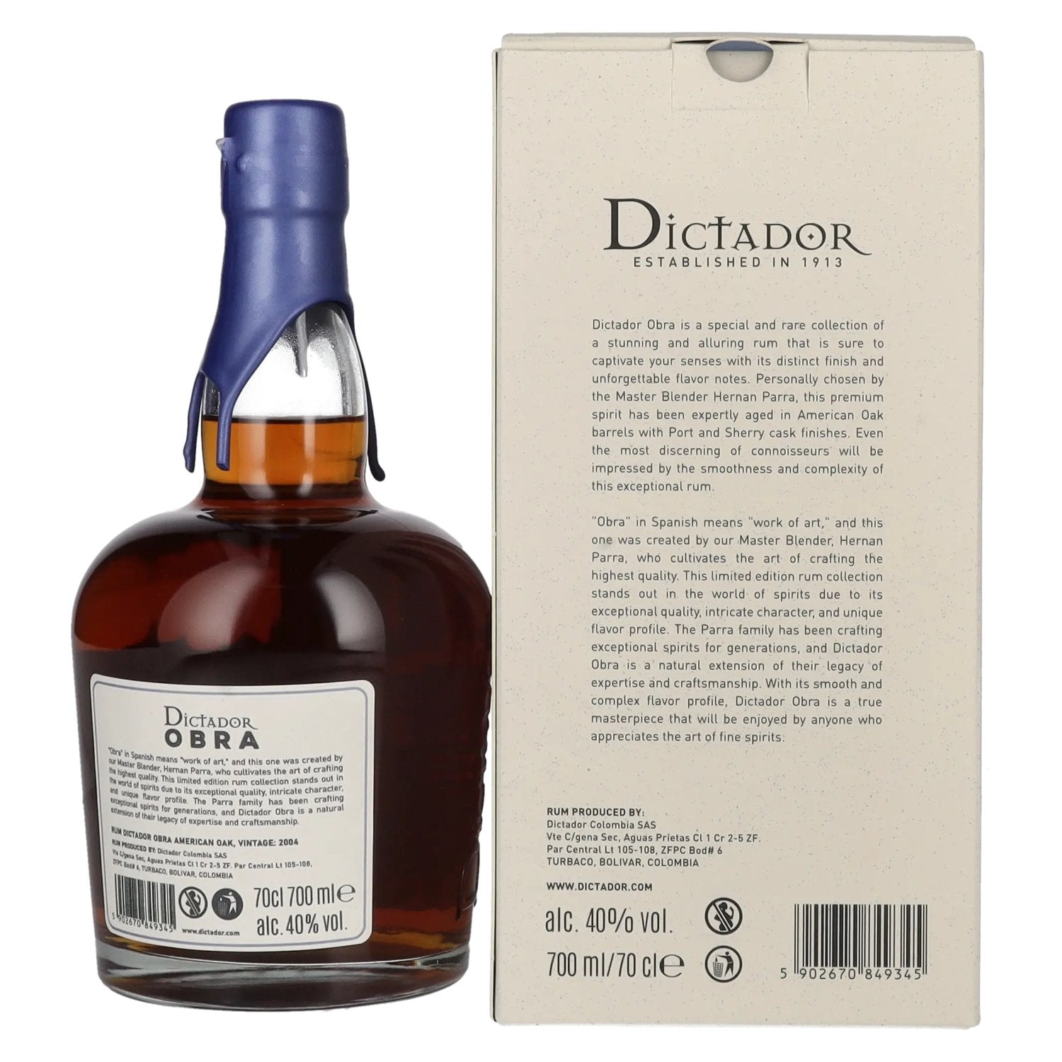 Dictador OBRA VINTAGE 19 Years Old AMERICAN OAK CASK Rum 2004 40% Vol. 0,7l en boîte cadeau
