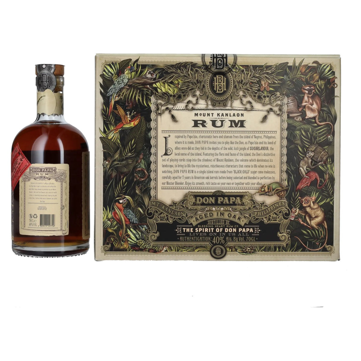 Don Papa 7 ans d'âge, rhum d'une seule île, 40 % vol., 0,7 l, dans un coffret cadeau avec un jeu de cartes