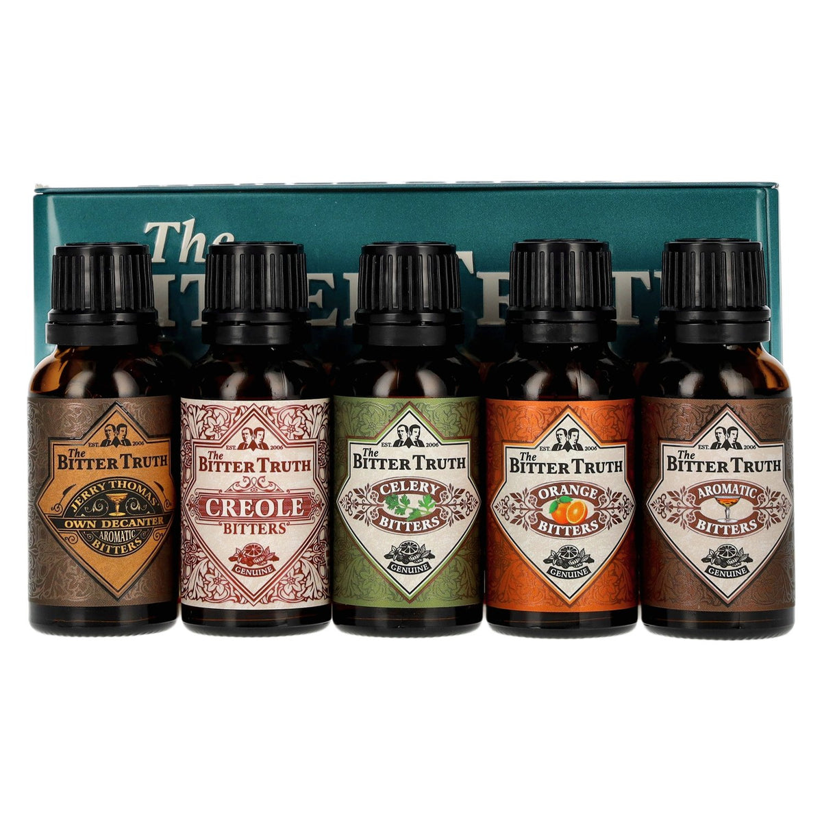 Coffret de voyage « The Bitter Truth » de bitters pour cocktails, 38,2 % vol., 5 x 0,02 l, dans une boîte en fer-blanc