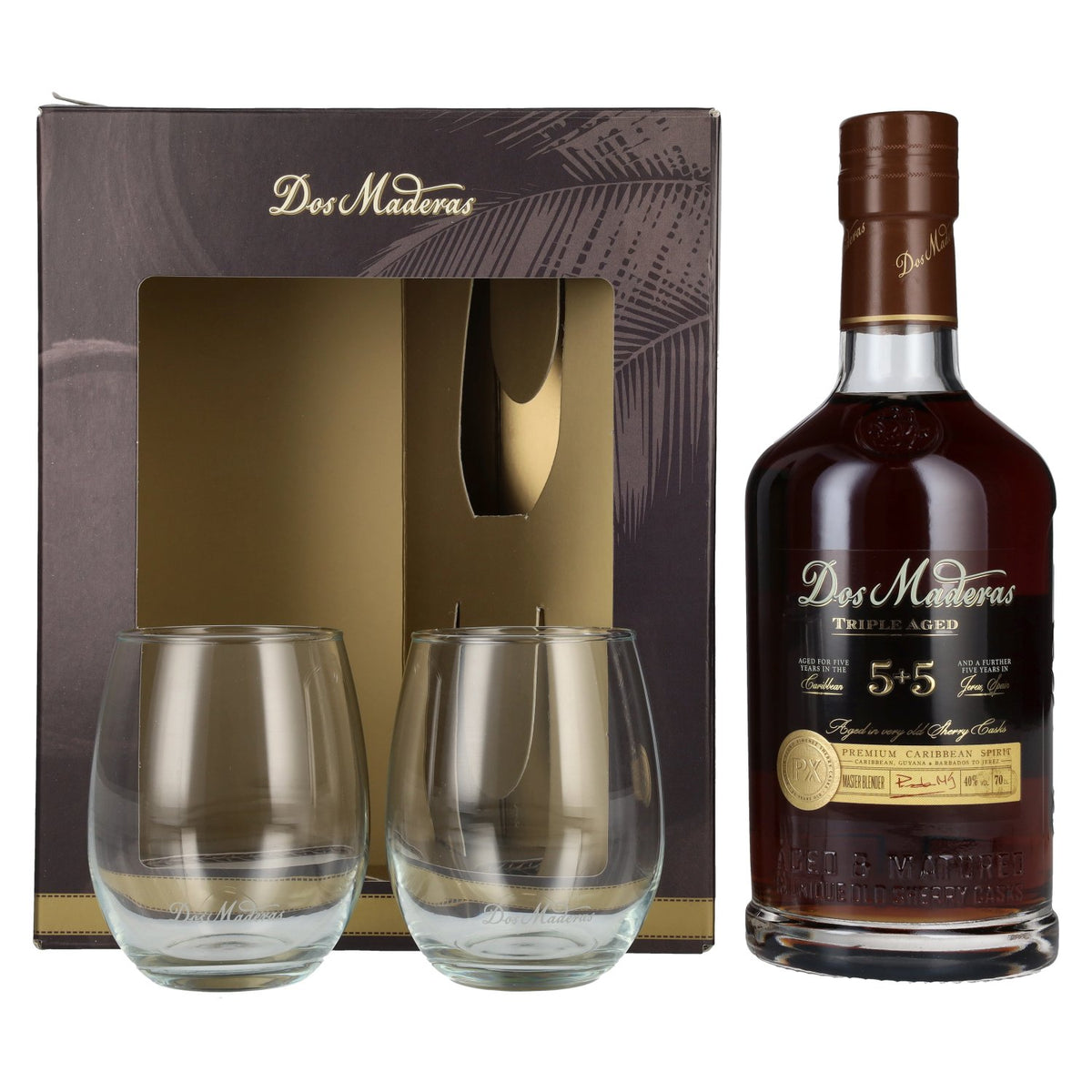 Dos Maderas PX 5+5 Years Old Triple Aged Spirit Drink 40% vol. 0,7 l in geschenkverpakking met 2 glazen