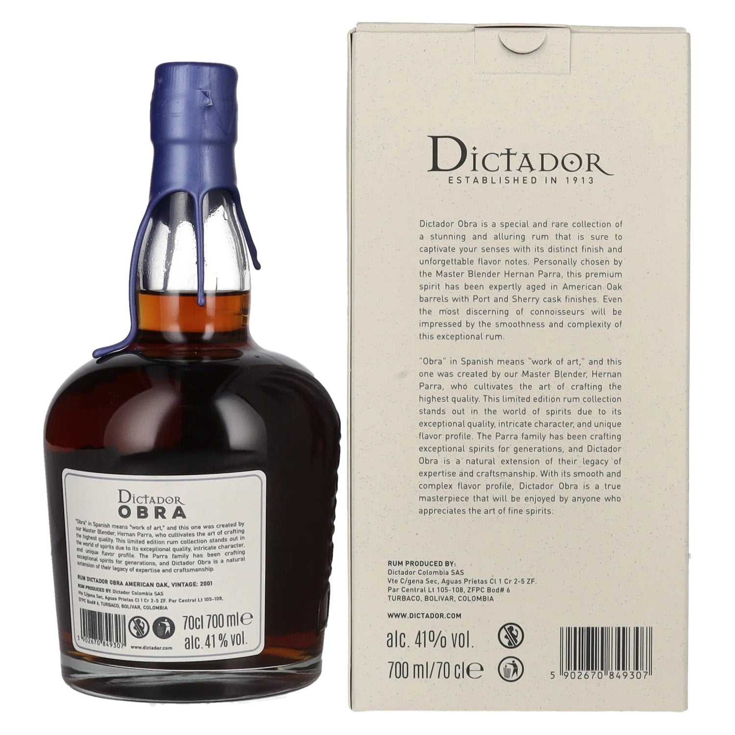 Dictador OBRA VINTAGE 22 Years Old AMERICAN OAK CASK Rum 2001 41% Vol. 0,7l en boîte cadeau