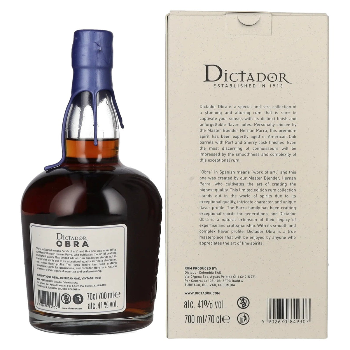 Dictador OBRA VINTAGE 22 Years Old AMERICAN OAK CASK Rum 2001 41% Vol. 0,7l in Geschenkbox