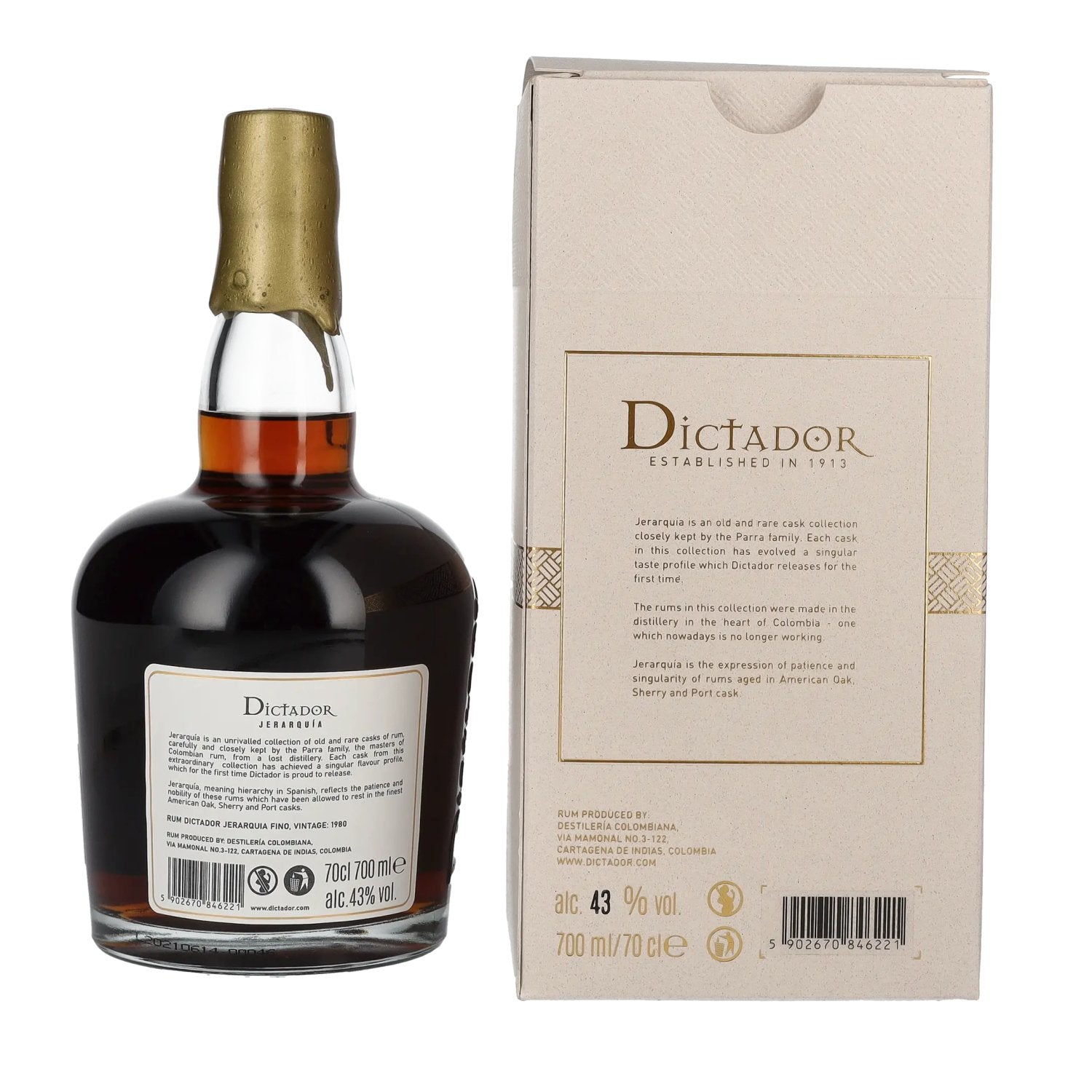 Dictador JERARQUÍA 40 Years Old FINO Rum 1980 43% Vol. 0,7l en boîte cadeau
