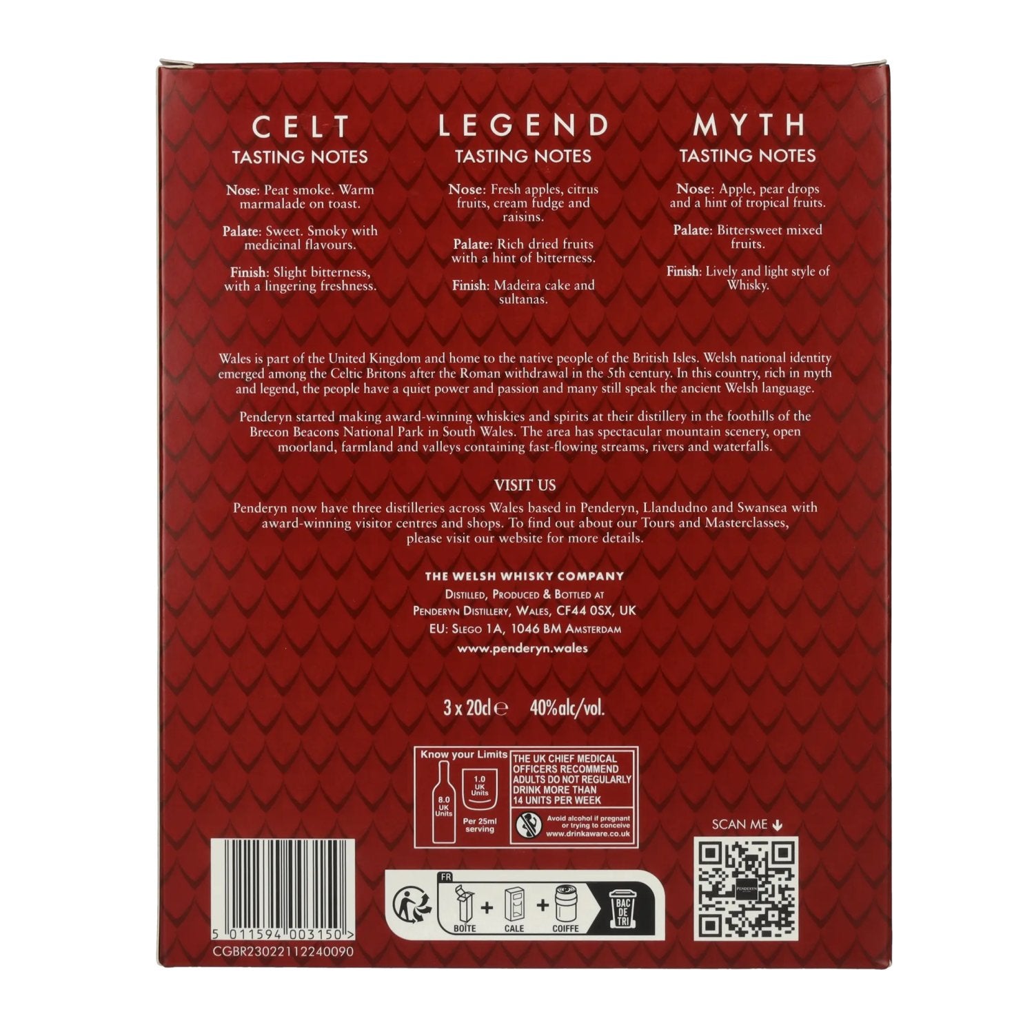 Penderyn MYTH, LEGEND, CELT Single Malt Welsh Whisky 40% Vol. 3x0,2l in Geschenkbox