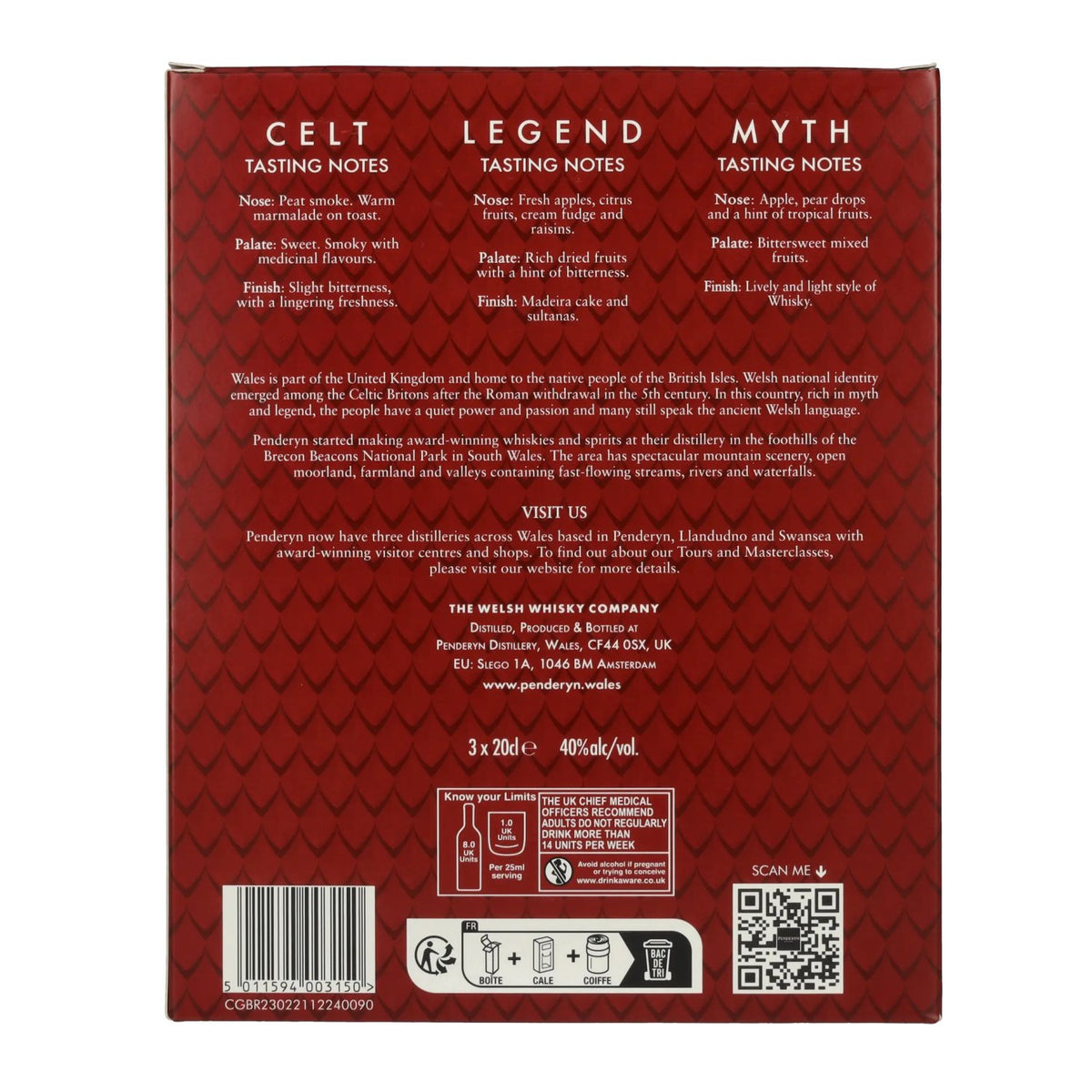 Penderyn MYTH, LEGEND, CELT Single Malt Welsh Whisky 40% vol. 3 x 0.2 l in a gift box