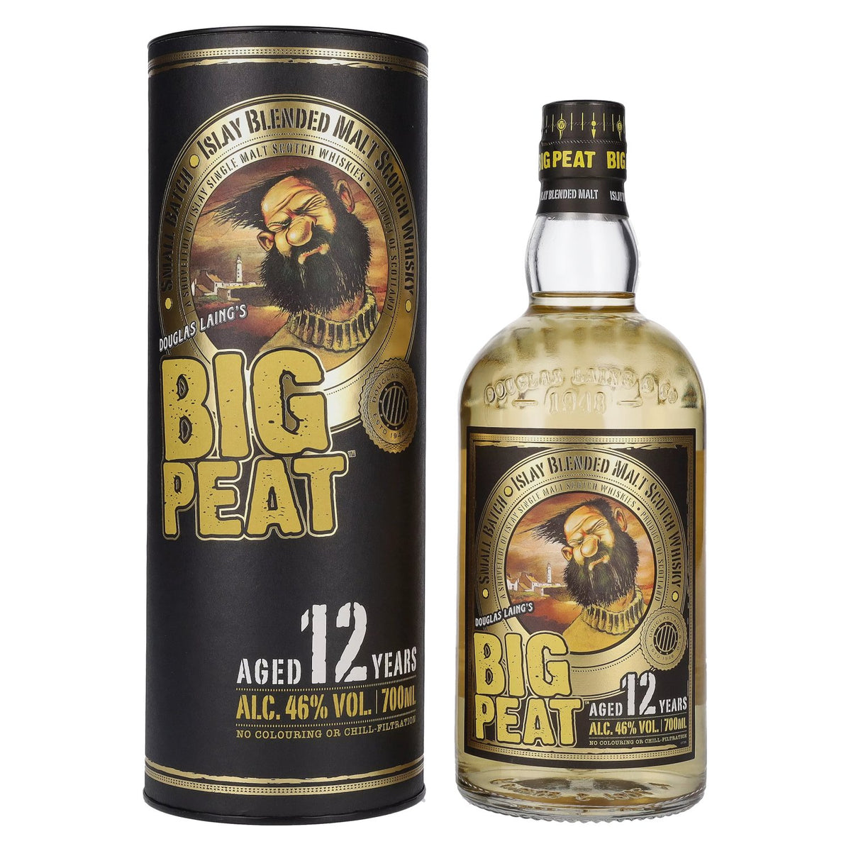 Douglas Laing Big Peat 12 ans d'âge, blended malt d'Islay, 46 % vol., 0,7 l, dans un coffret cadeau